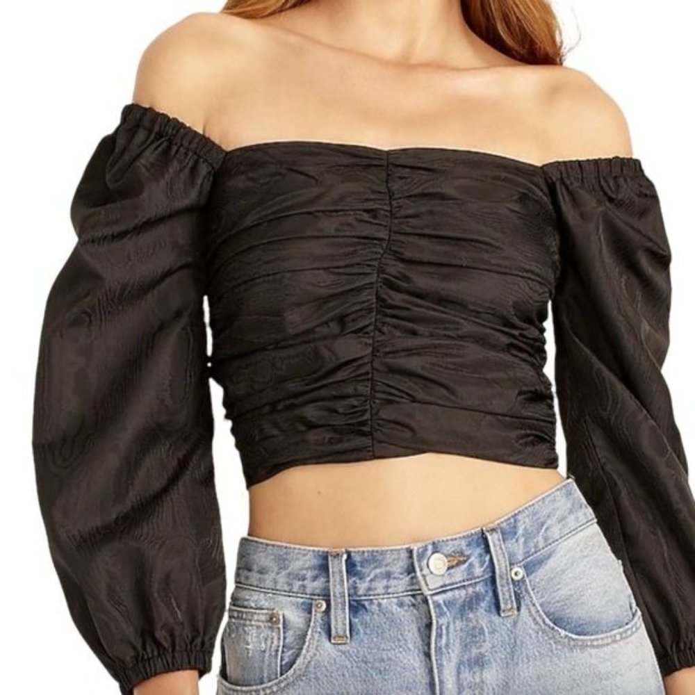 J. Crew Ruched Puff Sleeve Cropped Top in Black Size 10 NWT